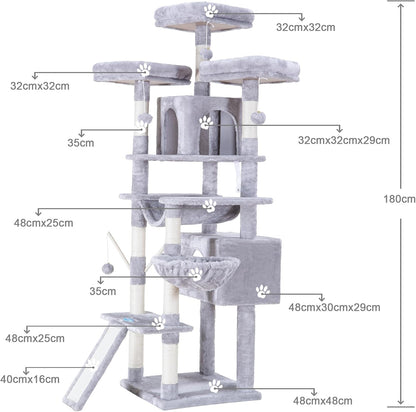 Krabpaal XXL voor Grote Katten – Kattentoren – Kattenboom – Kattenmeubel – Klimboom – Lichtgrijs – 180 cm Hoog – Met Groot Krabvlak en Sisaltouw