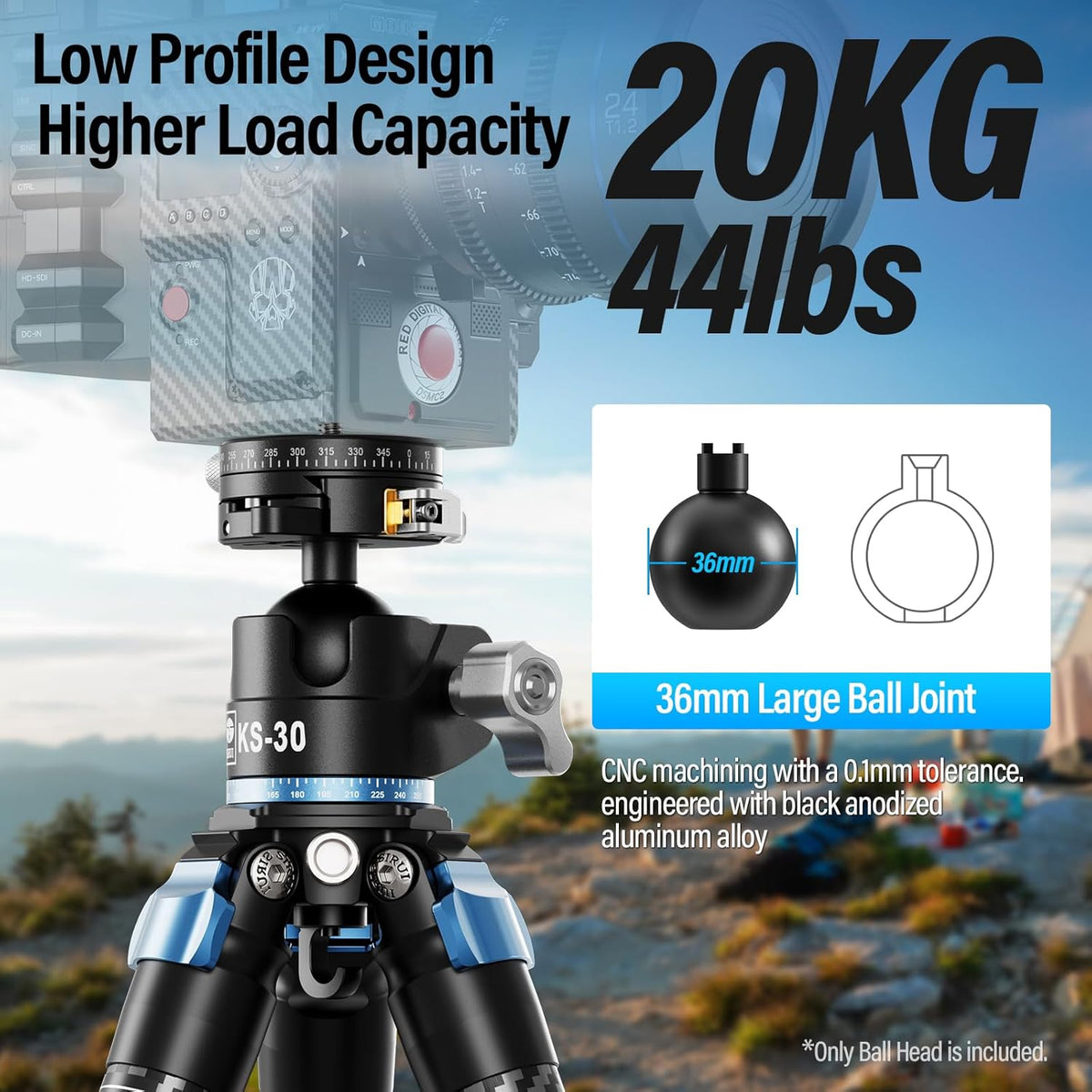 SIRUI 36mm Low Profile Ball Head KS-30, 360° Double Panoramic Aluminium Alloy Tripod Head for Camera, Camcorder, Professional Heavy Duty Ball Head for Tripod, Monopod, Camera Slider, Max Load 20KG