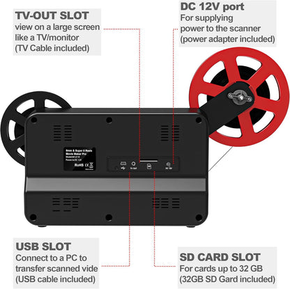 Super-Filmscanner – Filmscanner, Filmconverter, Filmdigitaliseerder, Videodigitaliseerapparaat – Voor 8 Mm En Super 8 Filmrollen Van 3, 5, 7 En 9 Inch – 2,4 Inch Lcd-Scherm – 1080P Mp4 Met 5 Megapixel Sensor