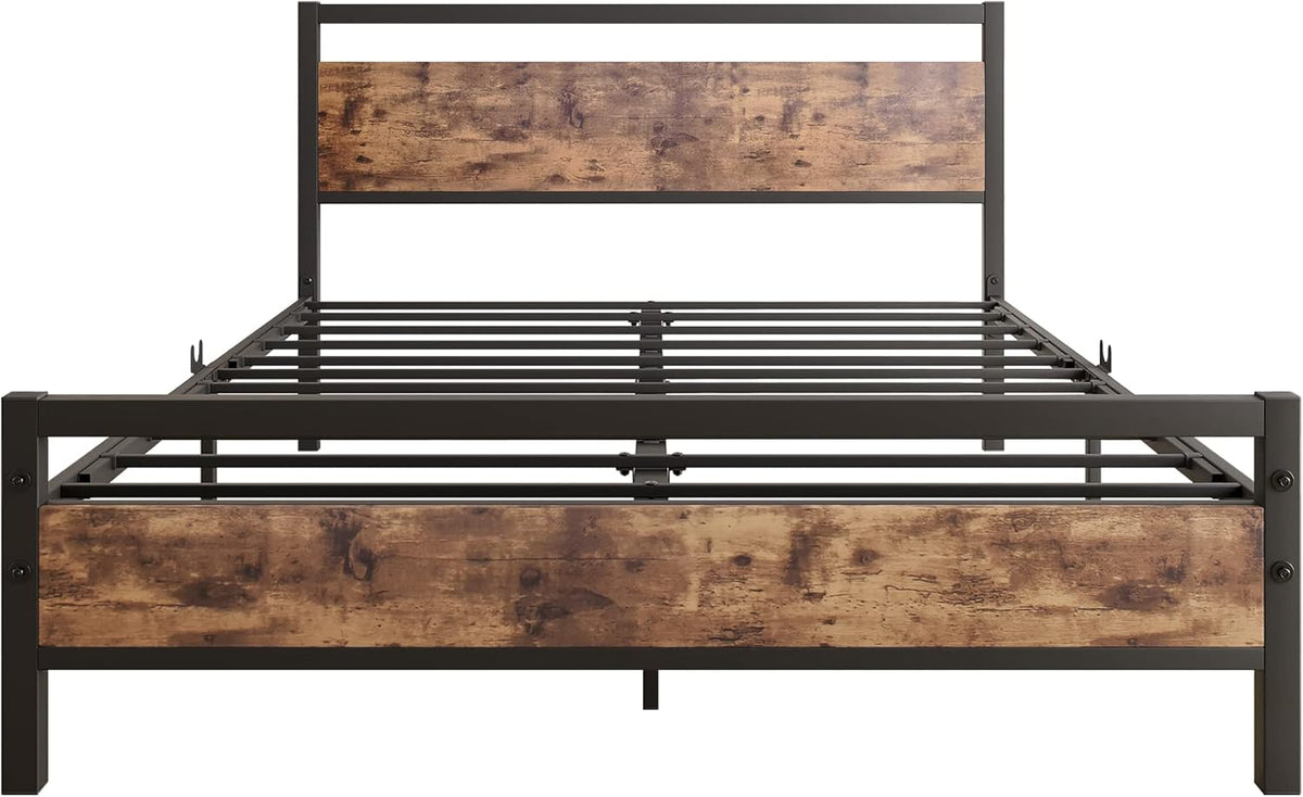 BOFENG Bedframe voor tweepersoonsbed, 137 cm, met houten hoofdeinde, robuust platformbedframe, geen boxspring nodig, boerderijbedden, robuuste bedbodem van vierkante buis, huismeubilair