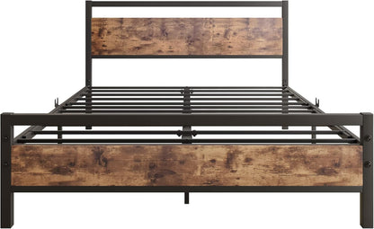 BOFENG Bedframe voor tweepersoonsbed, 137 cm, met houten hoofdeinde, robuust platformbedframe, geen boxspring nodig, boerderijbedden, robuuste bedbodem van vierkante buis, huismeubilair