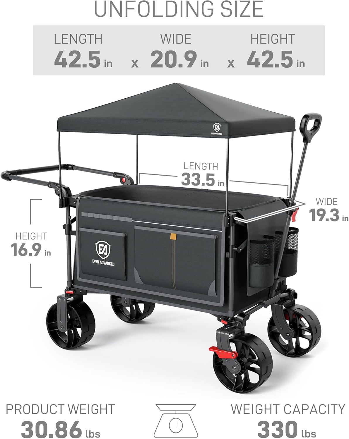 EVER ADVANCED XXL bolderkar, opvouwbaar, 225 l tot 150 kg, met rem, dak, handwagen, schuiven en trekken, inklapbaar, strandwagen, 20 x 8 cm brede wielen, vouwwagen voor camping, strand, winkelen en