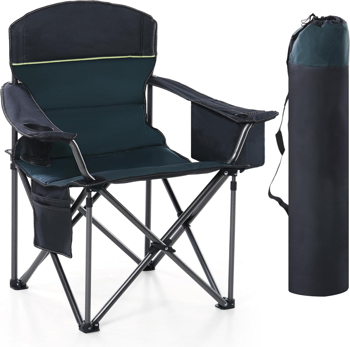 HIGH POINT SPORTS Opvouwbare campingstoel, zware extra grote draagbare buitenstoel, opvouwbare campingstoel met bekerhouder en koeltasondersteuning 204 kg, groen..