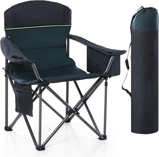 HIGH POINT SPORTS Opvouwbare campingstoel, zware extra grote draagbare buitenstoel, opvouwbare campingstoel met bekerhouder en koeltasondersteuning 204 kg, groen..