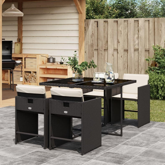 Gecheer 5-delige polyrotan zitgroep, tuingereedschap voor 4 personen, rotan tuinmeubelset, balkonmeubelset, balkon lounge, tuingarnituur set, tuintafelset, terrasmeubelset, kussens, zwart - QUORE