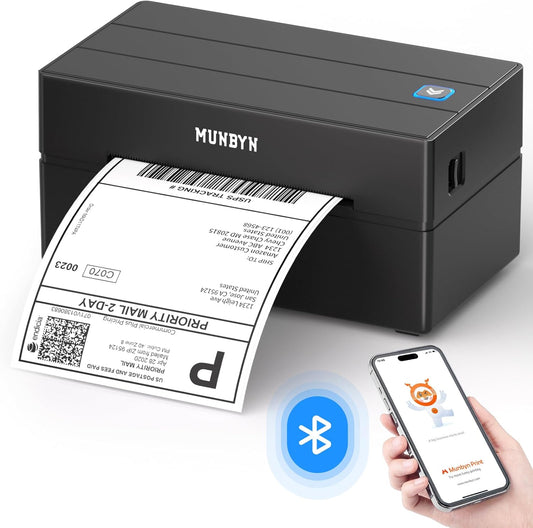MUNBYN Labelprinter Bluetooth 4x6, Thermische Labelprinter, Ideaal voor kleine bedrijven en thuisgebruik, Compatibel met iOS, Android, Windows, Chromebook, DHL en UPS, Zwart