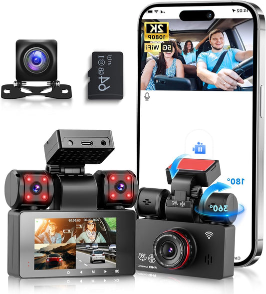 4*Dashcam 1080P Dashcam Car Front Rear with Wifi, 2K Car Camera with 3-inch IPS Screen, 24-Hour Parking Monitoring, Night Vision, G-Sensor, 360-Degree Protection, with 64GB SD Card - QUORE