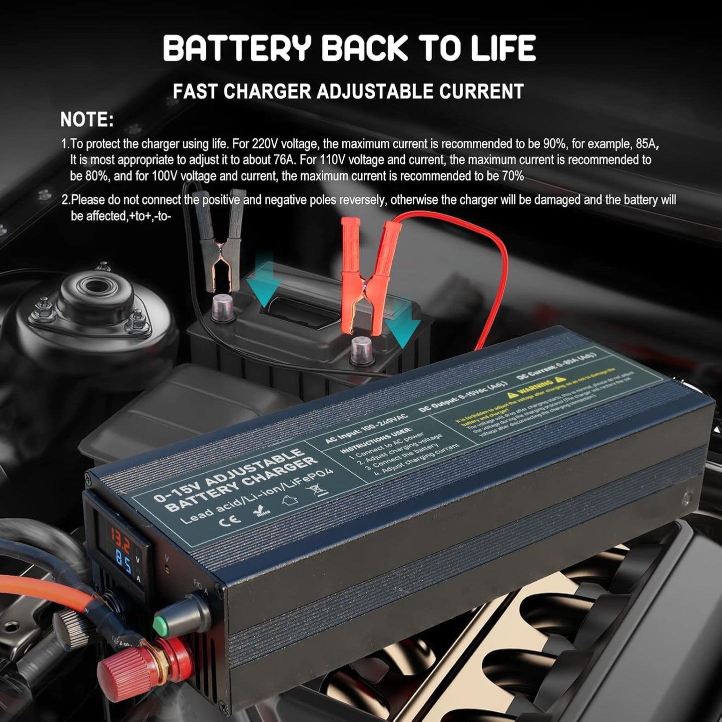 LiFePO4 Oplader – Lithium Acculader – 12V Batterijlader – Traploos Instelbare Oplader – Lithium Batterijoplader – 14,6V 100A – Snelladen Met Aluminium Behuizing