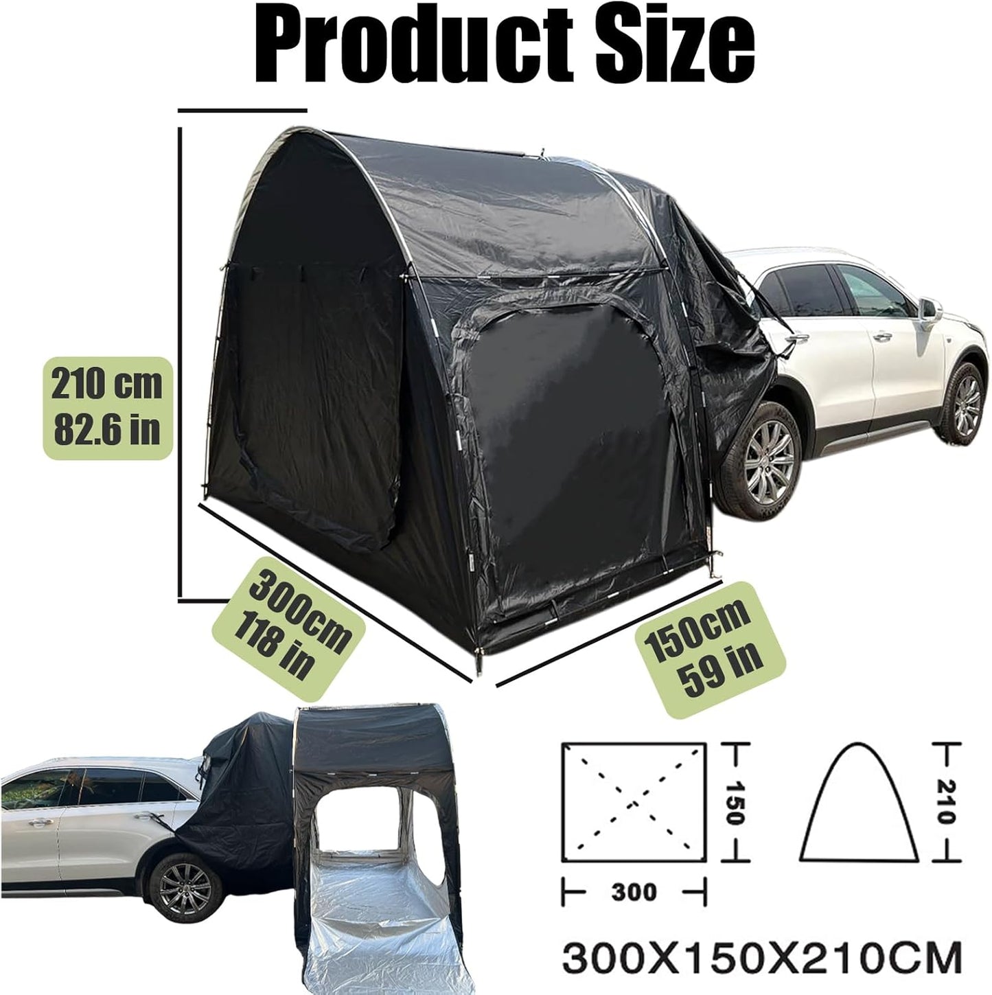 Autoluifeltent, 300 cm x 150 cm x 210 cm, auto achterkleptent is geschikt voor 2-3 personen, auto hatchback tent, waterdichte zonwering