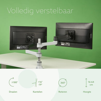R-Go Tools Zepher 4 C2 Twin monitor arm, Dubbele VESA-monitorstandaard in Alunimium, Bureaubevestiging, Verstelbaar, 0-8 kg Draagvermogen, 100% Circulair, Mat zilver, Dubbele beugel