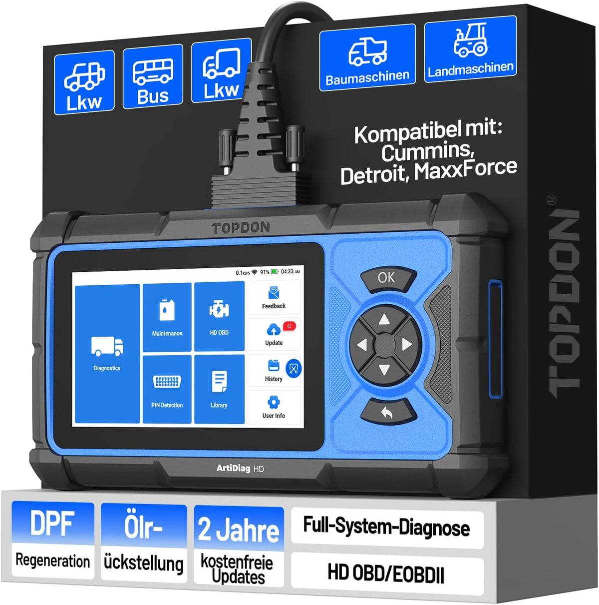 TOPDON ArtiDiag HD diagnoseapparaat, vrachtwagenscanner voor dieselvoertuigen, 10 servicefuncties, DPF-regeneratie, olie-/toerentalbegrenzingsreset