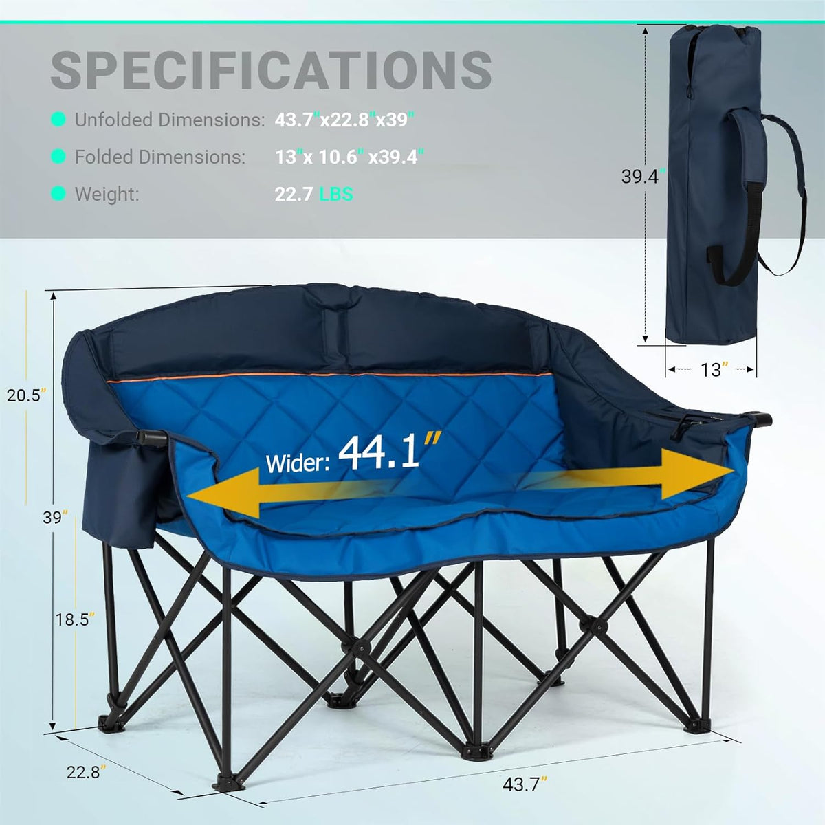 Overmont Extra grote dubbele campingstoel - 2-persoons comfortabele bankstoel Loveseat voor volwassenen - zware gazonstoelen met koeltas en wijnrekken - ondersteuning 800 lbs