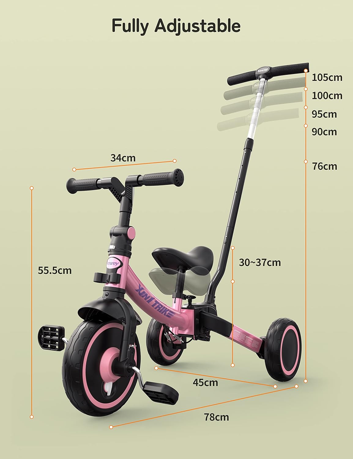 besrey 7-in-1 driewieler voor peuters met stuurgreep, voor 1-5 jaar, opvouwbare wielen, peuterfiets met wielkoppeling, grotere wielen, afneembare pedalen, in hoogte verstelbare zitting, roze