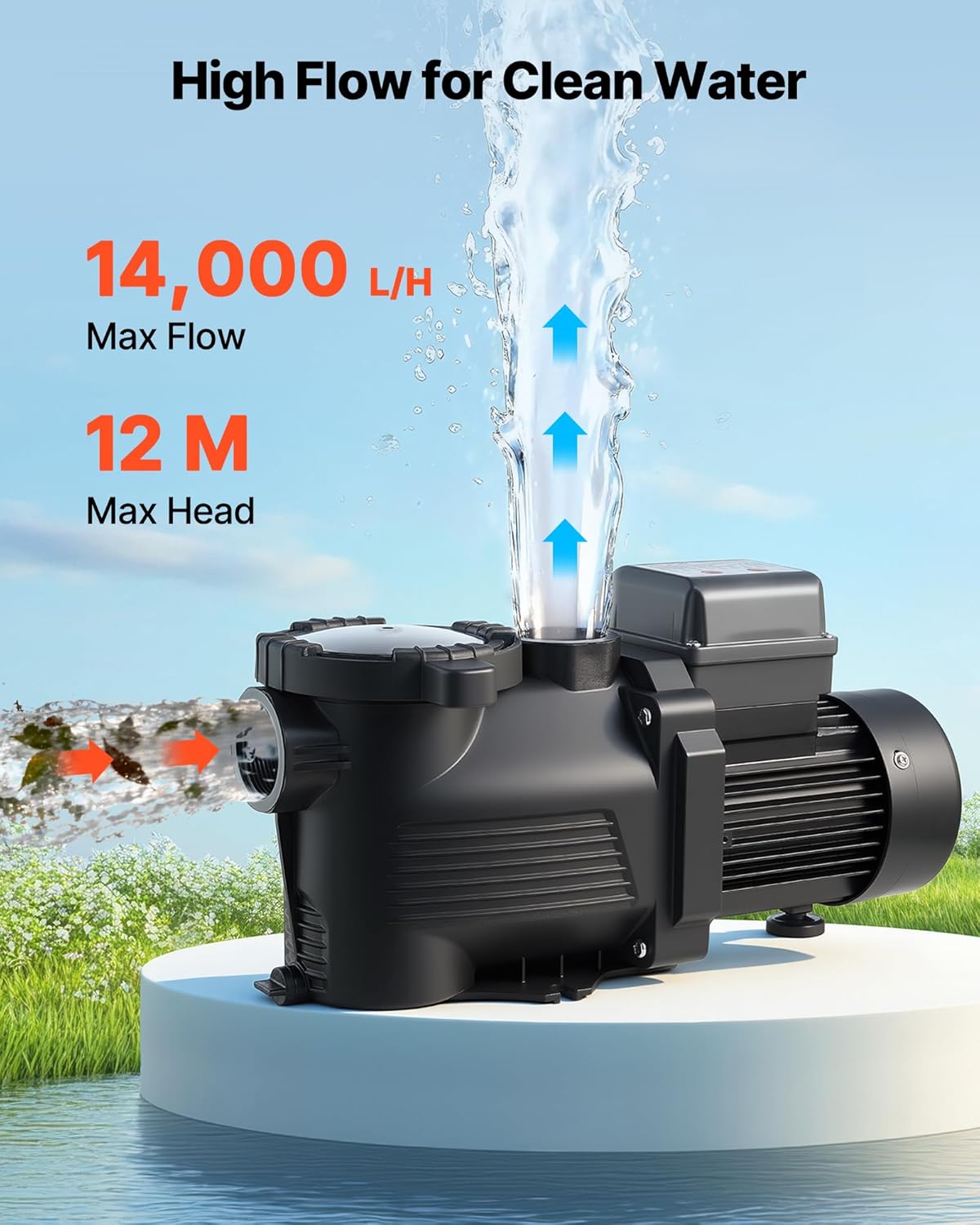 VEVOR Zwembadpomp 550 W, filterpomp max. 14.000 l/u, eentraps zwembadpomp, 3450 tpm, opvoerhoogte max. 12 m, met 24-uurs timer en filtermand, voor