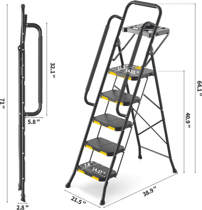 KINGRACK 5-traps ladder, opstapladder 5-traps inklapbaar met gereedschapsbak en veiligheidsleuningen, Lightwight huishoudladder voor uw keuken, voorraadkast, kasten, kantoorgebruik