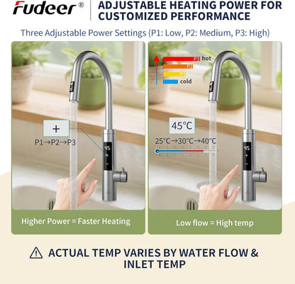 Waterkraan met doorstroomboiler, 3,3 kW digitaal display, elektrische waterkraan met 360° rotatie en 10 inch uittrekbare slang en 2 sproeimodi, 220-240 V, 30-45 °C, zilver