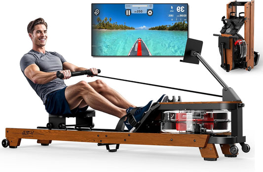 Roeitrainer – Roeimachine – Fitnessapparaat – Waterroeier – Indoor Rower – Massief Eikenhout – Opvouwbaar Met Tablethouder – Bluetooth Verbinding – Geschikt Tot 180 Kg – Voor Gebruikers Tot 200 Cm - QUORE