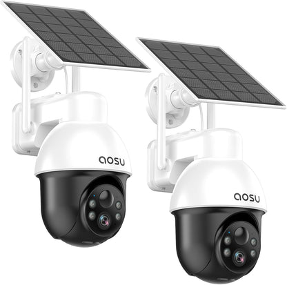 AOSU Draadloos Buiten Systeem voor Zonnebeveiligingscamera's, 3K/5MP WiFi Camera op Batterij voor Huisbeveiliging, Panoramische PTZ, Auto Tracking, Nachtzicht, Spotlights, 2-Weg Gesprek
