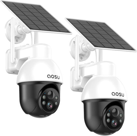 AOSU Draadloos Buiten Systeem voor Zonnebeveiligingscamera's, 3K/5MP WiFi Camera op Batterij voor Huisbeveiliging, Panoramische PTZ, Auto Tracking, Nachtzicht, Spotlights, 2-Weg Gesprek