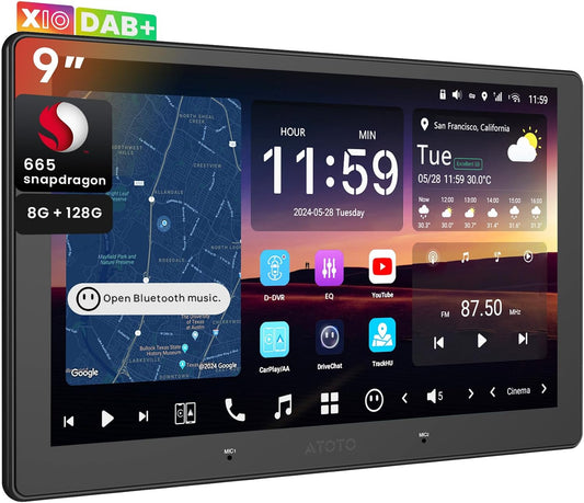ATOTOZONE X10DG209E 9.35" QLED DAB+ Android Double Din Car Stereo, 8+128G, 4G LTE,Wireless Carplay & Android Auto, AI Voice Assistant, GPS Tracking, Dual Camera inputs & Mic & BT, LRV, 36B-EQ