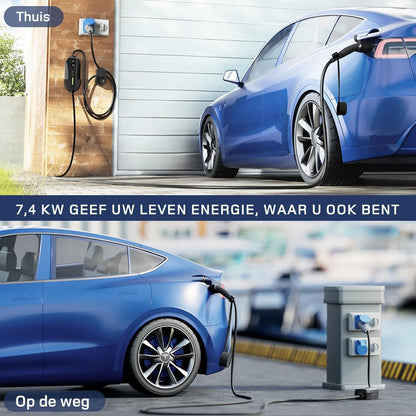 dé EV Oplader Type 2 7,4kW CEE [1-Fase| 10m| 6-32A] met Schuko-adapter, EV Lader CEE 7,4kW, met Digitale LCD-Bediening Compatibel met Model Y/3, 500e, e-208 en andere EV/PHEV