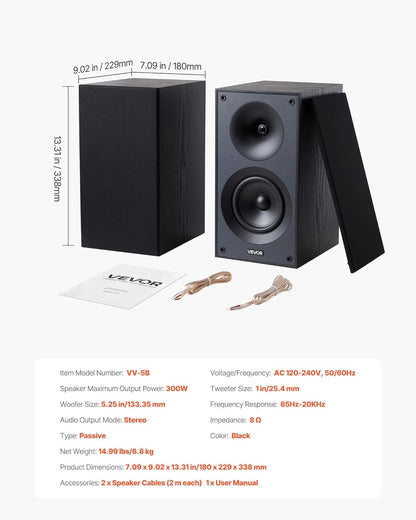 Passieve Boekenplankluidsprekers – Boekenplank Speakers – Stereoluidsprekers – Hifi Speakers – Luidsprekerset – 1 Paar – MDF Houten Behuizing – 300 W, 5,25 Inch Woofer En 1 Inch Tweeter