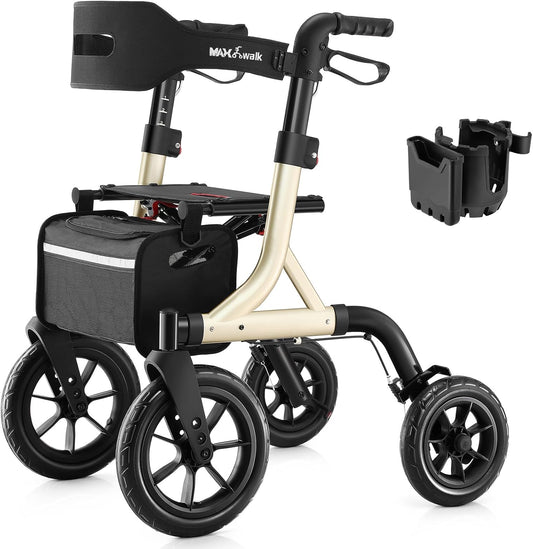 Rollator,Rollator lichtgewicht opvouwbare, buitenrollator met 30 cm grote rubberen niet-luchtbanden voor alle terreinen, geïntegreerde kabelrem, aluminium hoogteverstelbare (goud)