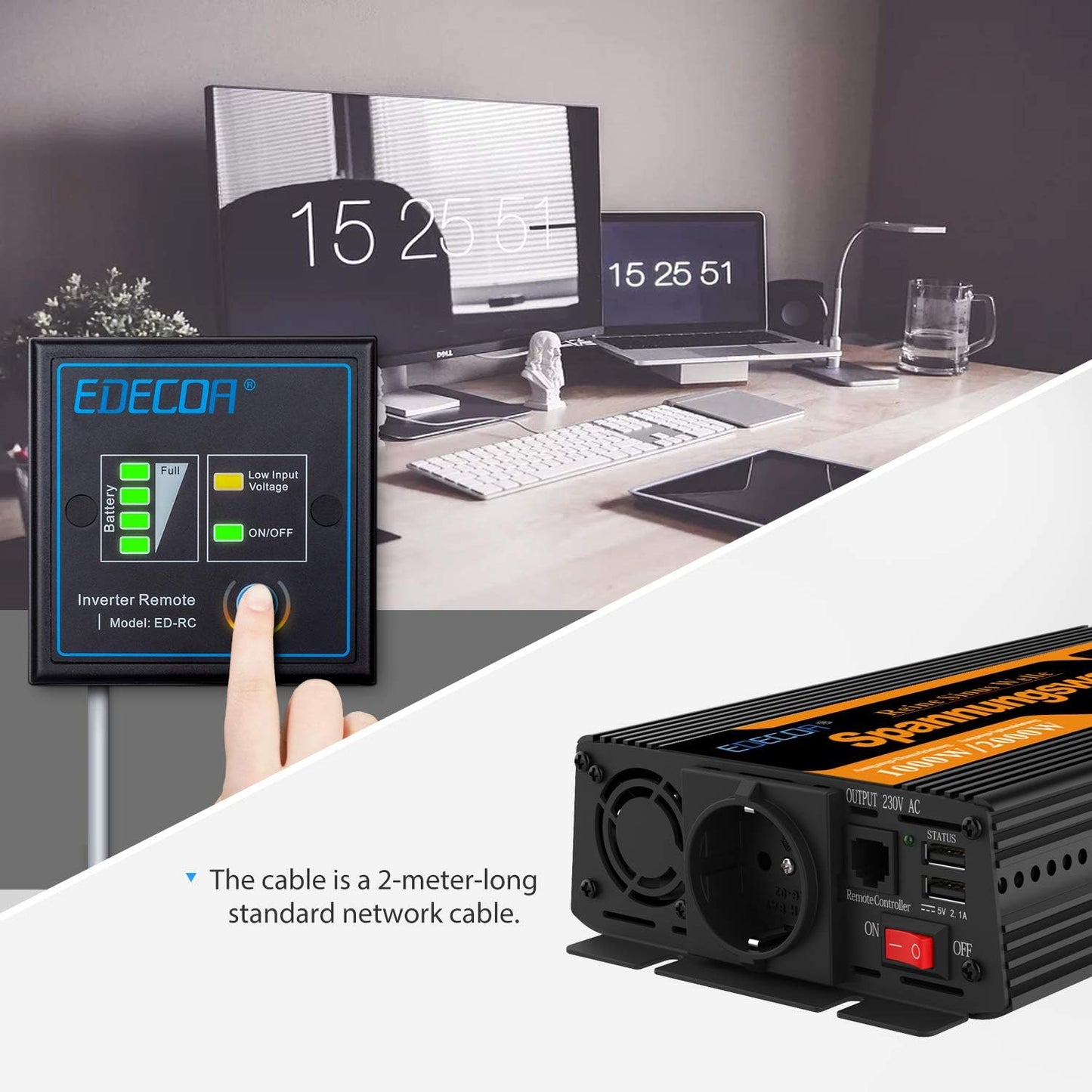 EDECOA Omvormer Zuivere Sinus 1000W 12 V 230 V Auto Omvormer 12V naar 230V Spanningsomvormer 2000W Piekvermogen Inverter Pure Sine Wave met Afstandsbediening EU Stopcontacten