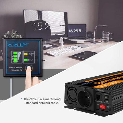 EDECOA Omvormer Zuivere Sinus 1000W 12 V 230 V Auto Omvormer 12V naar 230V Spanningsomvormer 2000W Piekvermogen Inverter Pure Sine Wave met Afstandsbediening EU Stopcontacten