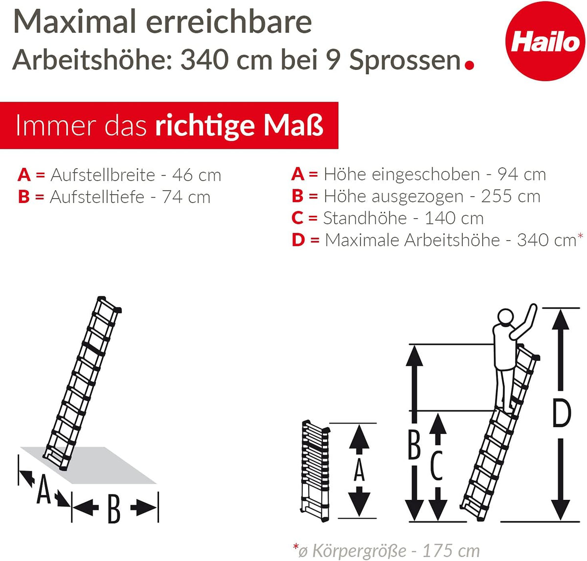 Hailo T80 FlexLine aluminium veiligheidstelescopische ladder - uittrekbare ladder met 9 sporten - werkhoogte tot 340 cm - gewicht 8,1 kg - zilver