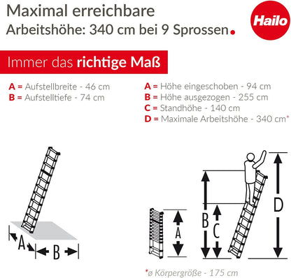 Hailo T80 FlexLine aluminium veiligheidstelescopische ladder - uittrekbare ladder met 9 sporten - werkhoogte tot 340 cm - gewicht 8,1 kg - zilver