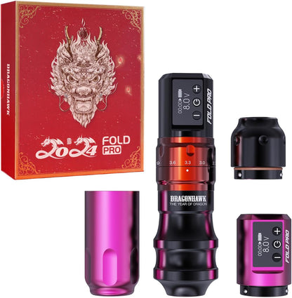 Dragonhawk Fold Pro Wireless Tattoo Maschine Pen Battery Tattoo Pen Rotary Pen Maschine with Battery Adjust Stroke Length 2.4 to 4.2mm Year of Dragon Edition (RED)