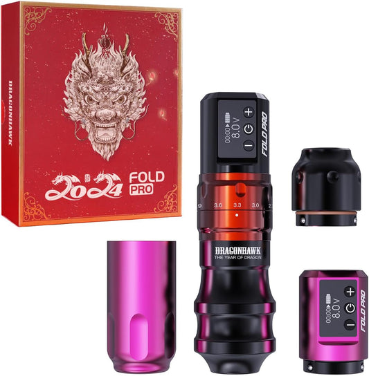 Dragonhawk Fold Pro Wireless Tattoo Maschine Pen Battery Tattoo Pen Rotary Pen Maschine with Battery Adjust Stroke Length 2.4 to 4.2mm Year of Dragon Edition (RED)
