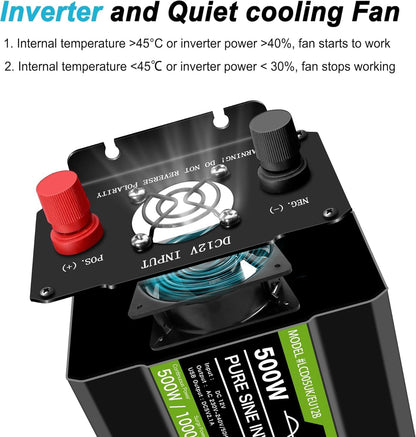 NOVOPAL 500 W omvormer 12 V naar 230 V 220 V zuivere sinus spanningsomvormer met intelligent LCD-scherm - EU-stekker met USB-uitgang