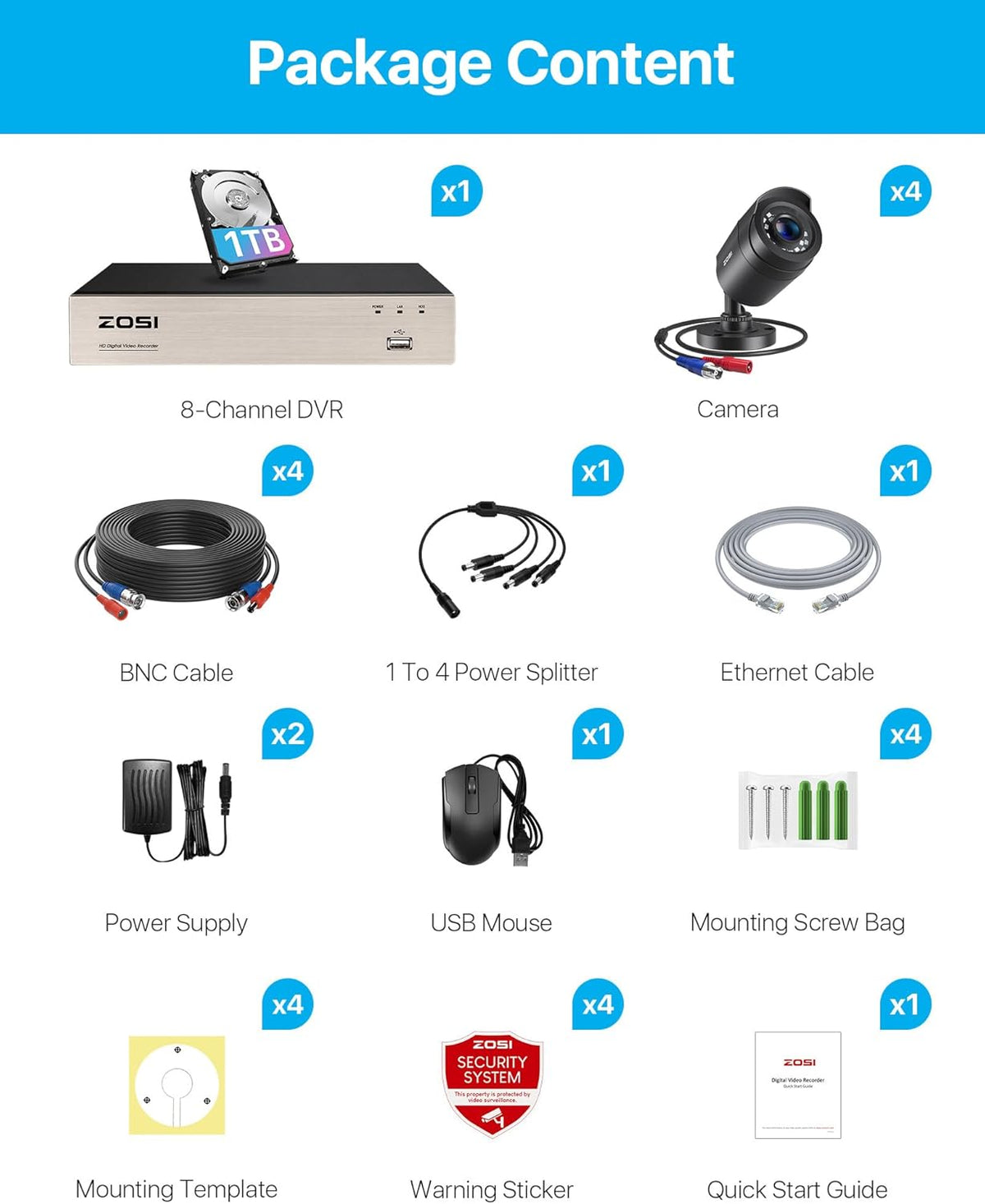 ZOSI 1080p Video Bewakingscamera Set voor Buiten 8CH 1TB DVR met 4 Outdoor 2MP Camerasystemen, Bewegingsdetectie, App E-mail Alarm