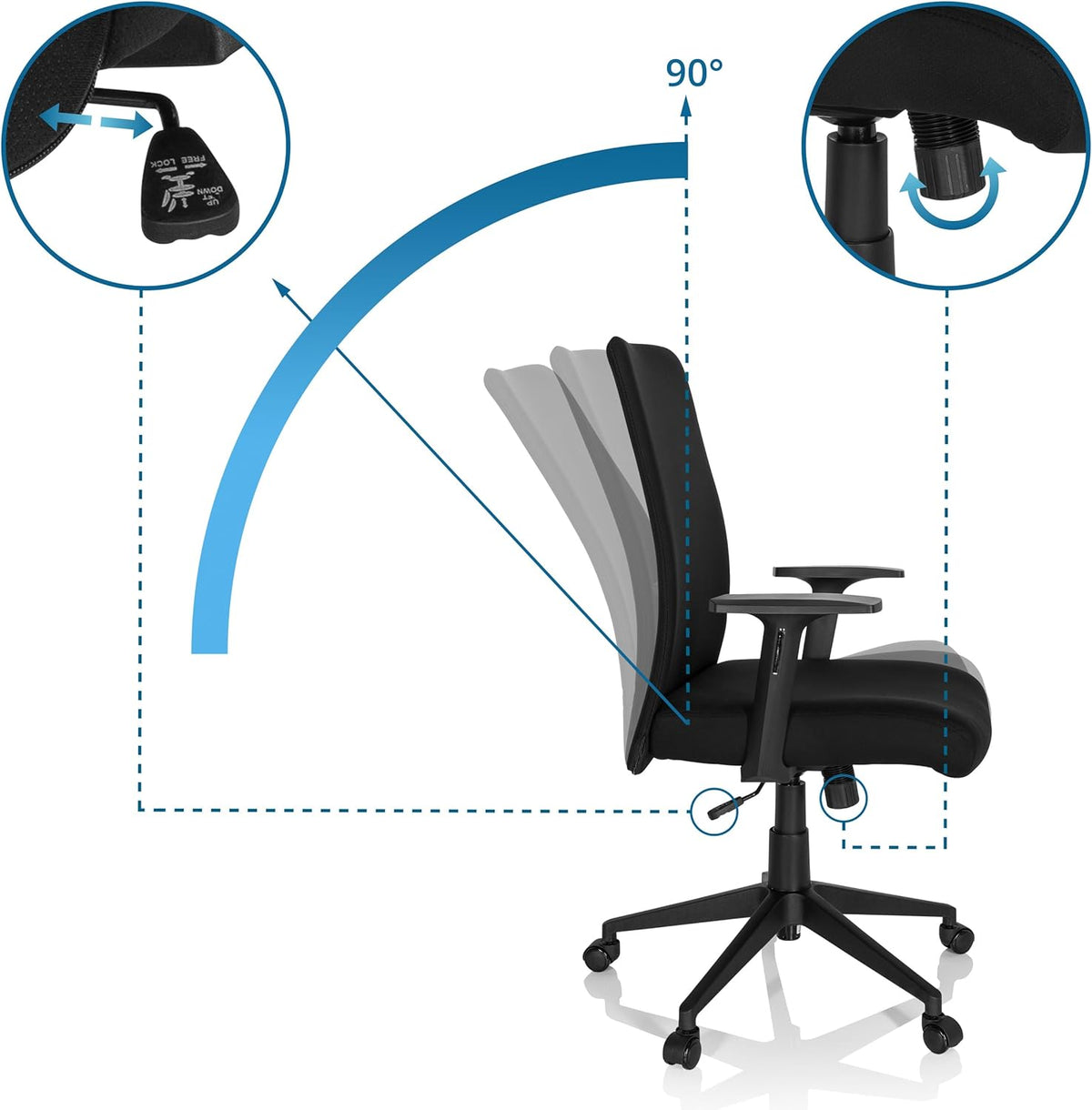 hjh OFFICE 724581 Home-Office bureaustoel COSIO I stof zwarte draaistoel gevoerd, rugleuning ergonomisch, kantelfunctie, donkerblauw, één maat