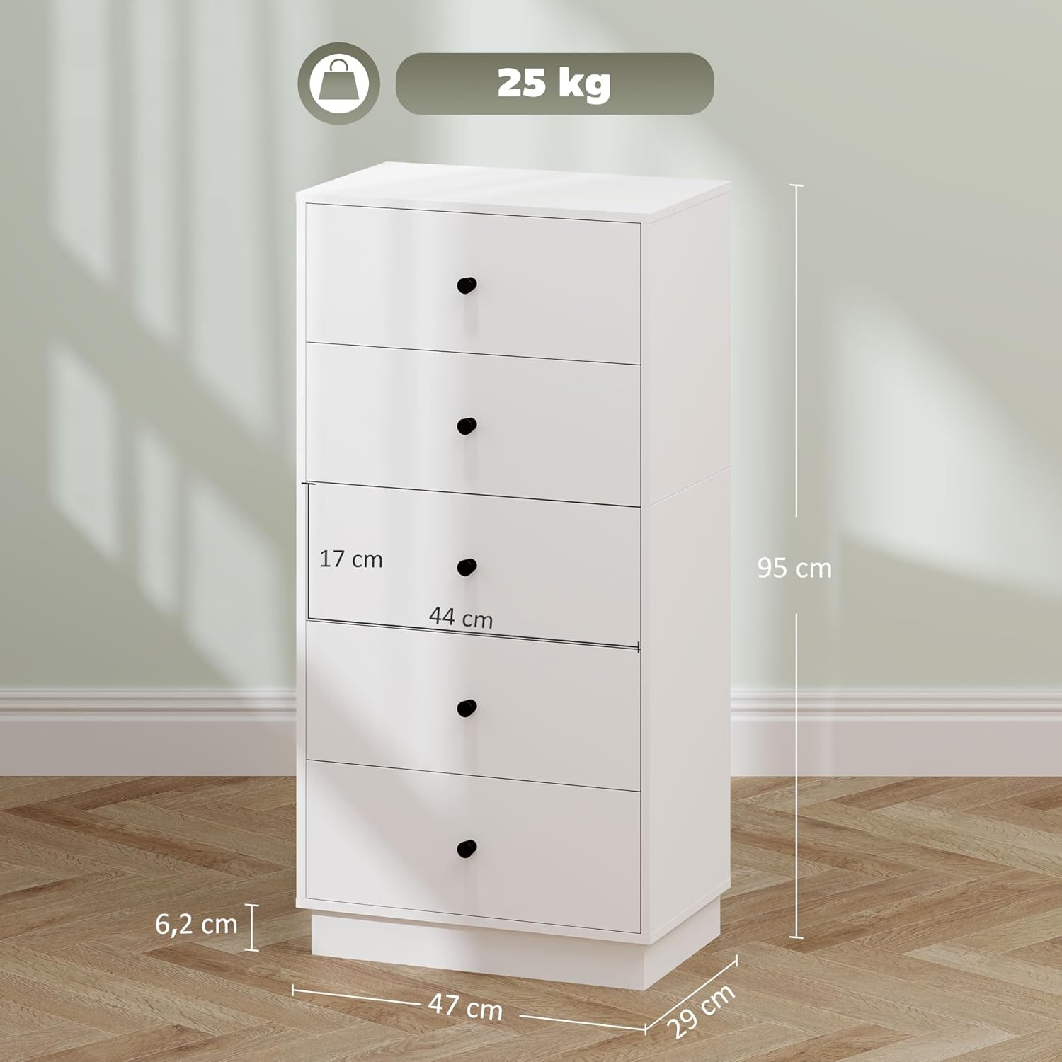 HOMCOM Kommode Sideboard mit 5 Schubladen Schrank aus Holzwerkstoff Aufbewahrungsschrank im Modern Stil Schubladenschrank Kommodenschrank für Wohnzimmer Schlafzimmer Flur 47 x 29 x 95 cm Weiß - QUORE