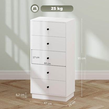 HOMCOM Kommode Sideboard mit 5 Schubladen Schrank aus Holzwerkstoff Aufbewahrungsschrank im Modern Stil Schubladenschrank Kommodenschrank für Wohnzimmer Schlafzimmer Flur 47 x 29 x 95 cm Weiß - QUORE