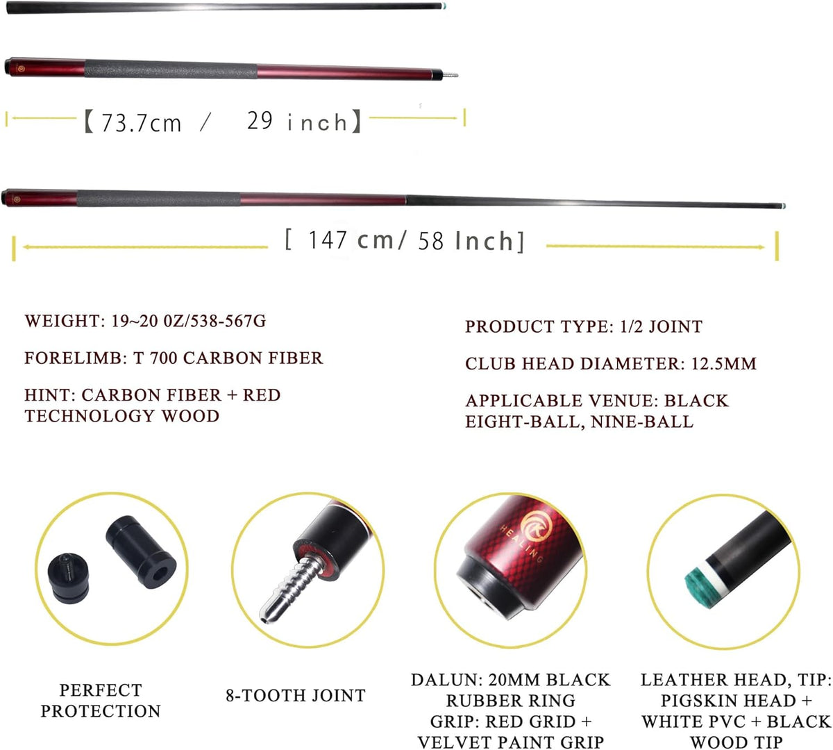 KHEALING Carbon Fiber Pool Keu, 12,5 mm kop, goede taaiheid, professionele pool keu, 147 cm keu, geschikt voor biljartkamer en thuisentertainment