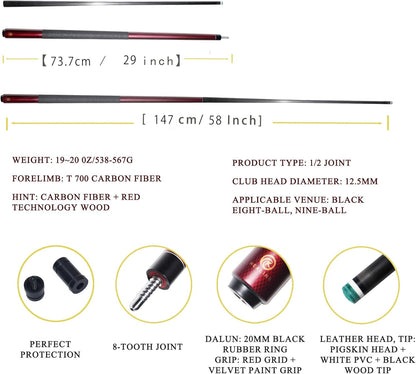 KHEALING Carbon Fiber Pool Keu, 12,5 mm kop, goede taaiheid, professionele pool keu, 147 cm keu, geschikt voor biljartkamer en thuisentertainment