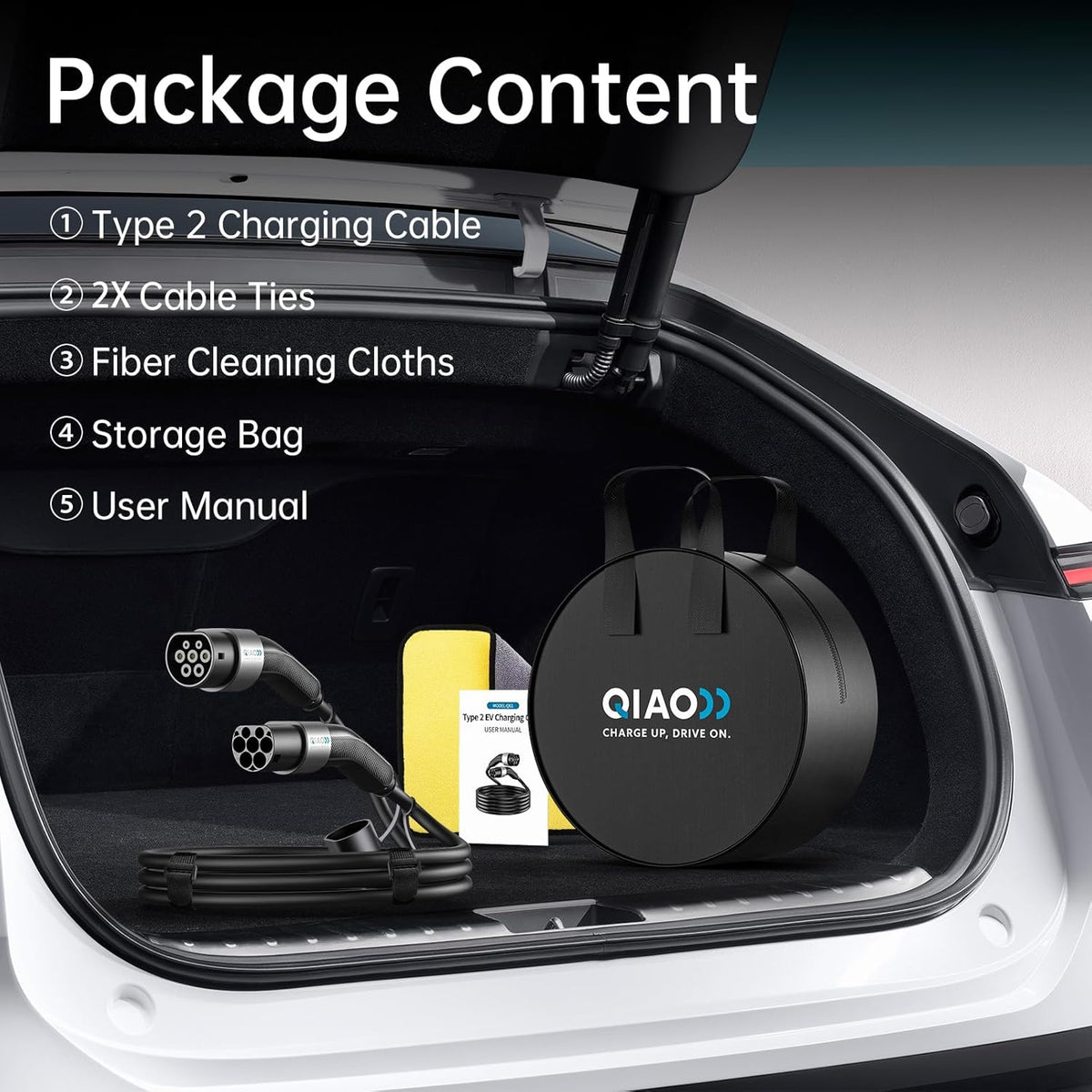 QIAO)) oplaadkabel type 2, Electric Car Type 2 to Type 2 IEC 62196 EV Charger Cable, Mode 3 EVs en PHEVs Fast Charging Cable with Carry Bag (11 kW, 10 M)