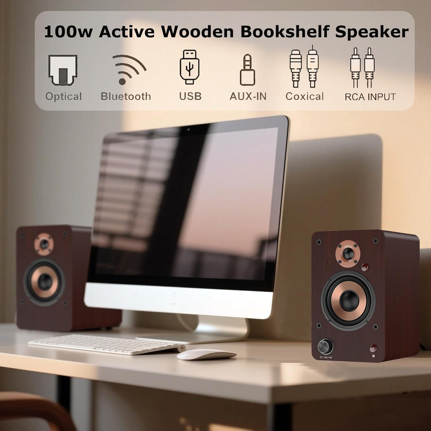 LONPOO Actieve plankluidspreker, 100 W RMS luidsprekermonitor, studio, aluminium woofer, 4 inch, RCA-connectiviteit, optisch, coaxiaal, Bluetooth 5.3, USB, AUX-in voor tv, pc en platenspeler (LP42M)
