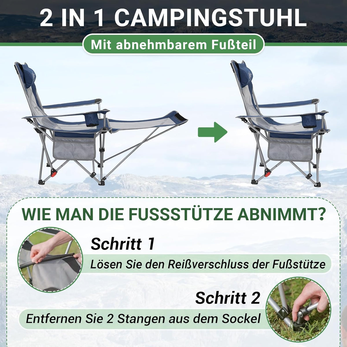 #WEJOY 2-in-1 campingstoel, opvouwbaar, strandstoel met verstelbare rugleuning en voetensteun, relaxstoel, ligstoel met bekerhouder, ligstoel voor outdoor camping