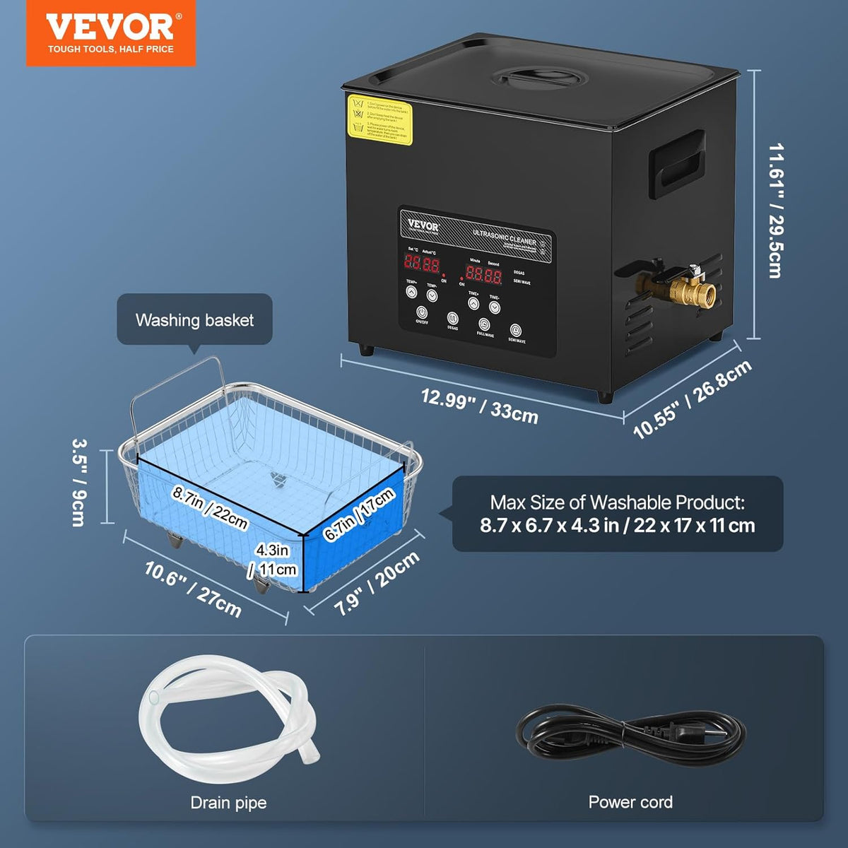 VEVOR Digitale ultrasone reiniger, 10 l, 240 W, met zachte modus en verbeterde degasatie, industriële ultrasone reiniger 40 kHz met timerverwarming voor containers, sieraden
