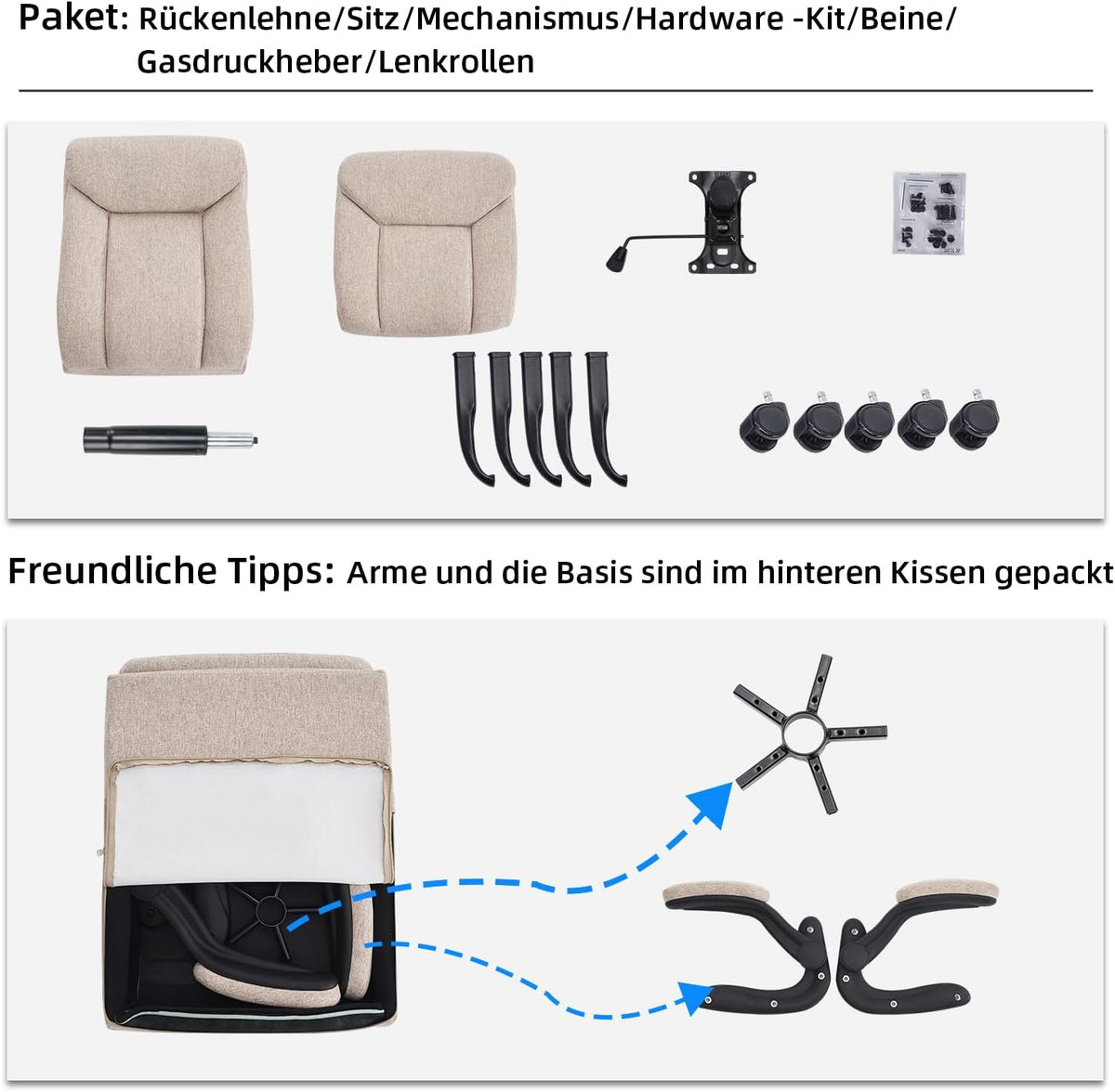 Ergonomische bureaustoel, computerstoel, draaibare werkstoel met opklapbare armleuning, in hoogte verstelbaar, comfortabel voor kantoor, thuis, gaming (beige stof)