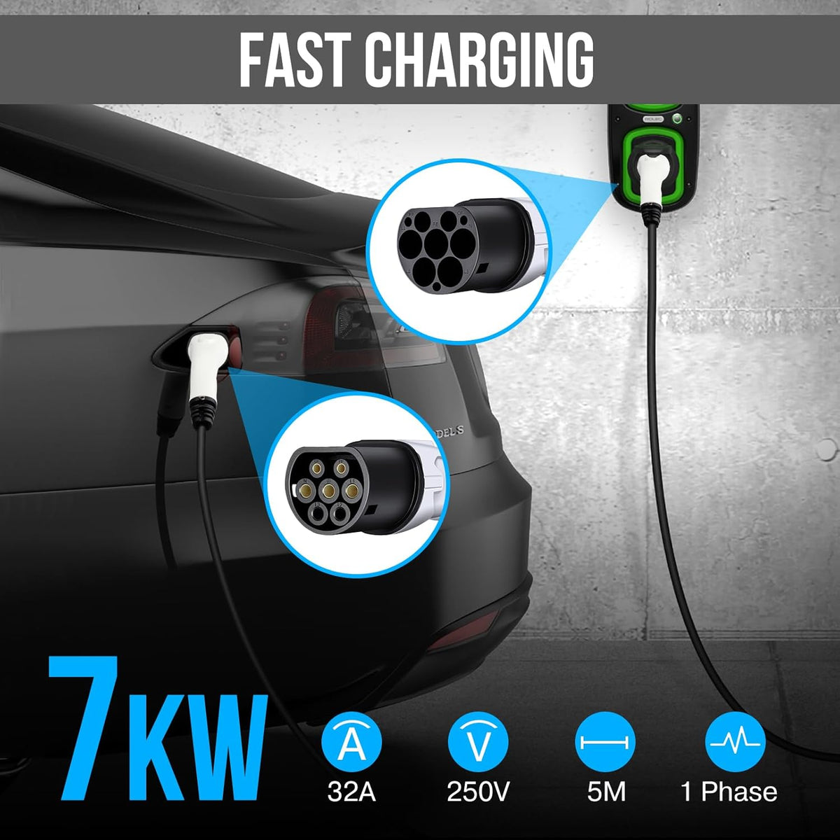 Type 2 EV-oplaadkabel met opbergtas, type 2 naar type 2 EV-laadkabel, 5 m, 7 kW, 32 A, 1-fase, snellader type 2 EV-oplader voor Tesla en elektrische voertuigen, auto's, thuis en in het openbaar