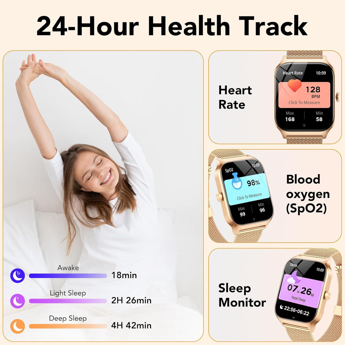 CASCHO Smartwatch voor dames, 1,85 inch smartwatch met bluetooth-oproepen/assistent, 120+ sportsmartwatch met stappenteller, slaap-/hartslagmeter, verguld en lichtroze