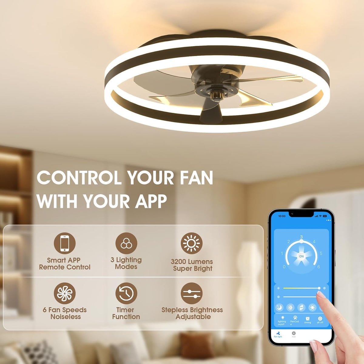 NIORSUN Plafondventilatoren van 50 cm met verlichting en afstandsbediening, 6 snelheden en 3000K-6500K dimbare stille plafondventilatorlamp, slimme moderne led-ventilatorverlichting voor slaapkamer