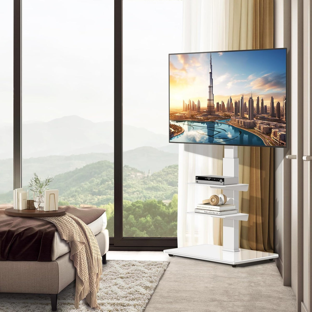 Tv-Vloerstandaard – Tv-Standaard – Televisiestandaard – Tv-Meubel – Tv-Houder – Wit, Voor 32-70 Inch – In Hoogte Verstelbaar – Draaibaar