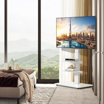 Tv-Vloerstandaard – Tv-Standaard – Televisiestandaard – Tv-Meubel – Tv-Houder – Wit, Voor 32-70 Inch – In Hoogte Verstelbaar – Draaibaar